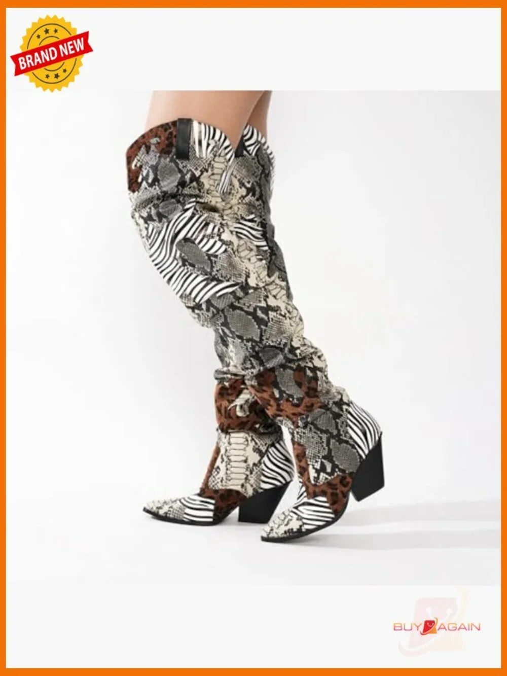 Thigh High Cowboy Boots Chunky Heel Faux Snakeskin Western Booties